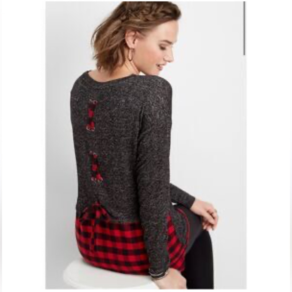Maurices Gray Buffalo Plaid Lace-Up Back Tunic Top Size Small